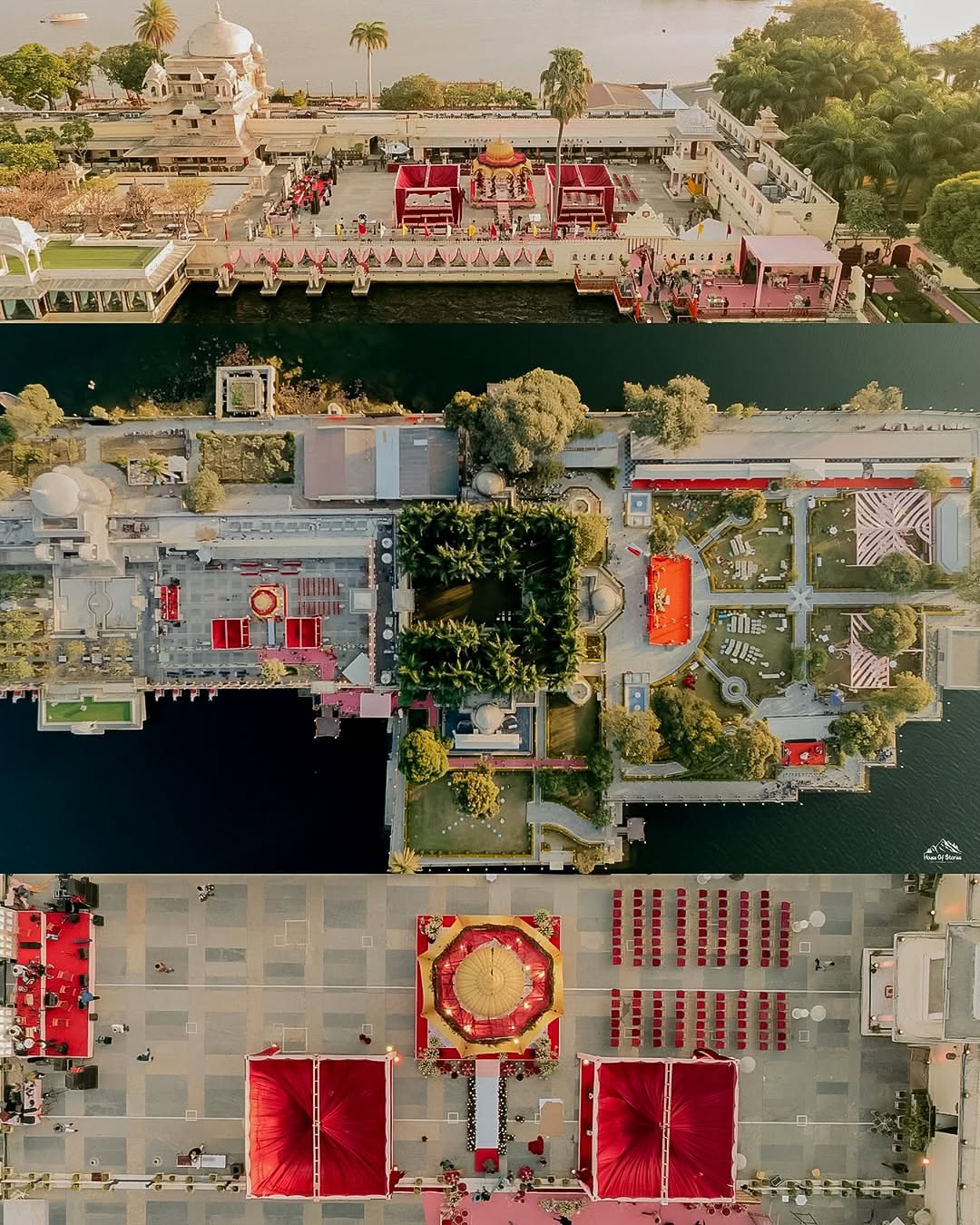 Aerial view of Jagmandir Island Palace, a stunning venue for Udaipur weddings set in the middle of Lake Pichola with royal setups.