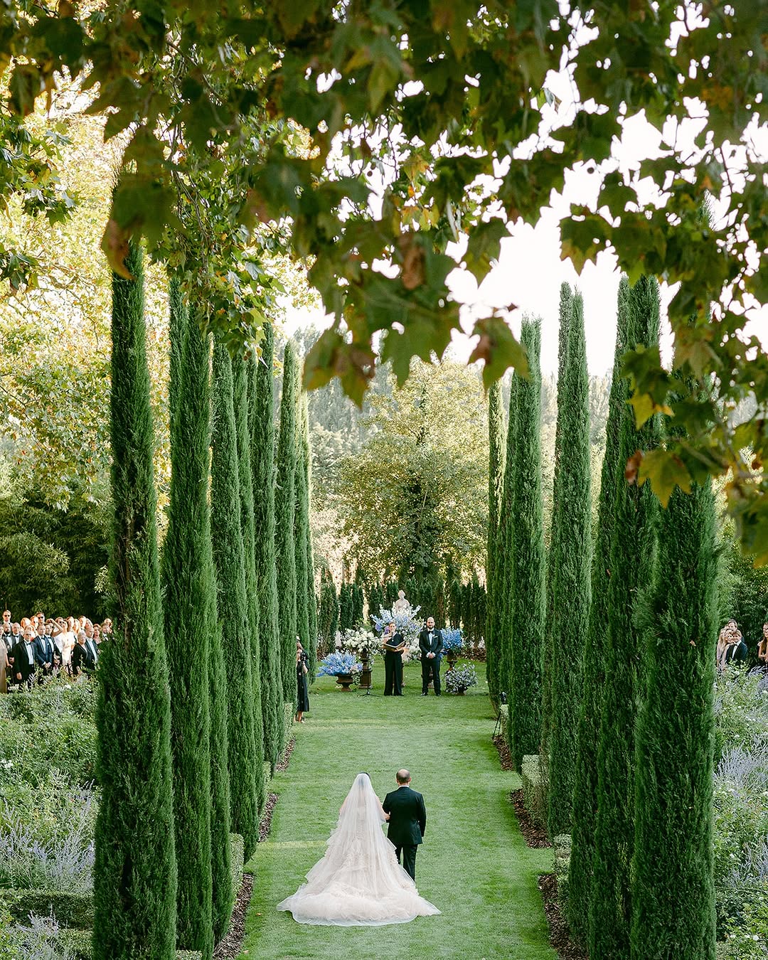 Dramatic cypress-lined wedding aisle at Le Mas des Poiriers leading to a romantic altar, perfect for a grand and scenic Provence France wedding.