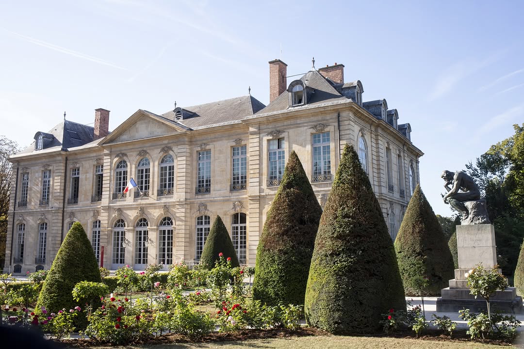 Exterior of the Musée Rodin surrounded by topiary and rose gardens, offering a serene and artistic setting for weddings in Paris.