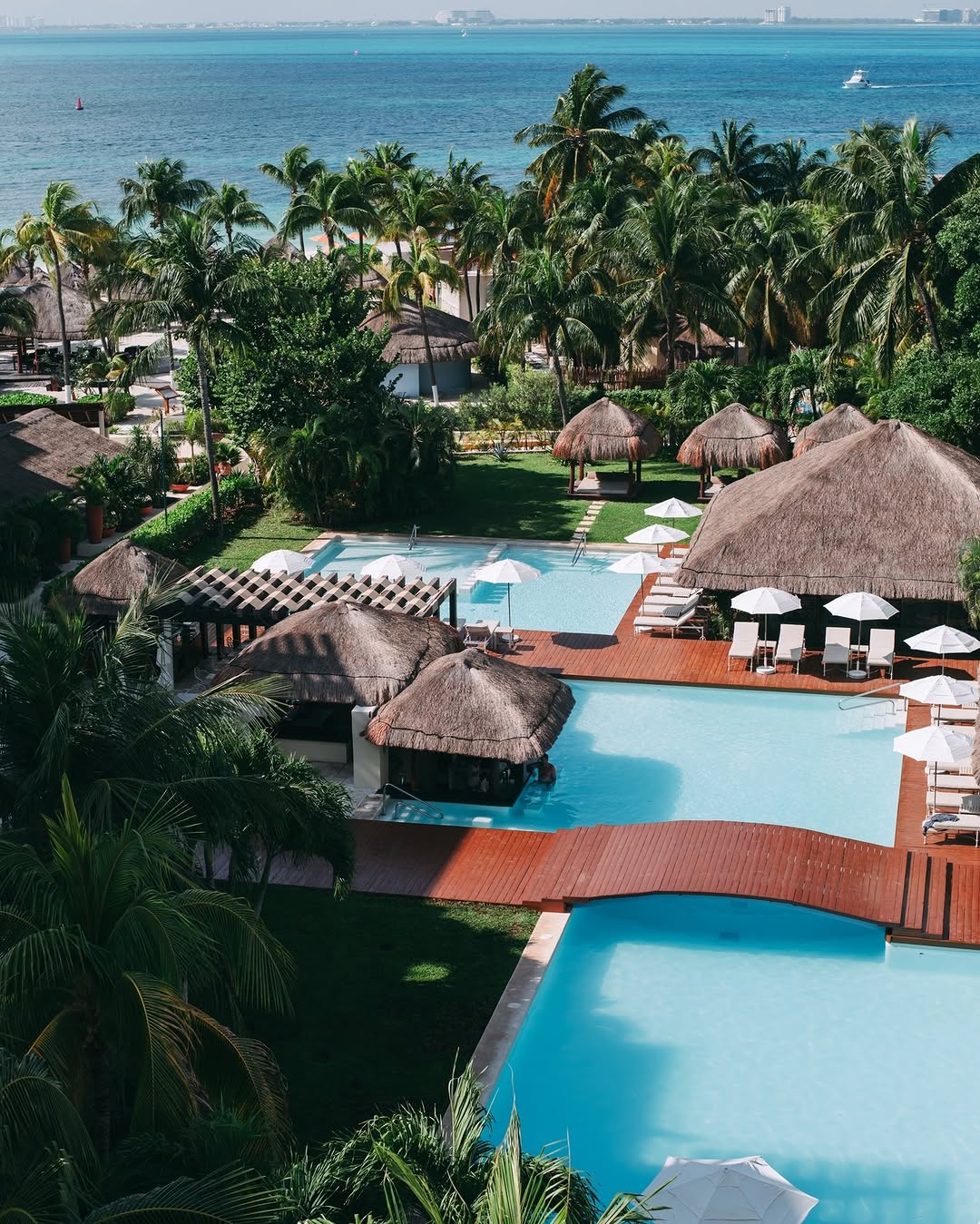 Oceanfront pool and tropical palm setting at Privilege Aluxes, a romantic resort for destination Isla Mujeres weddings.
